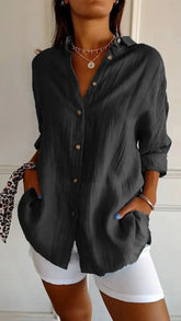Popular Spring And Summer New Women's Loose Open Button Shirt Solid Color Top  Adomoo