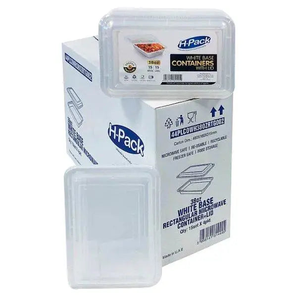 38oz White Base Rectangular Microwave Container + Lid  Adomoo