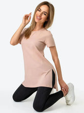 Slit Loose Round Neck Short Sleeve Sweater  Adomoo