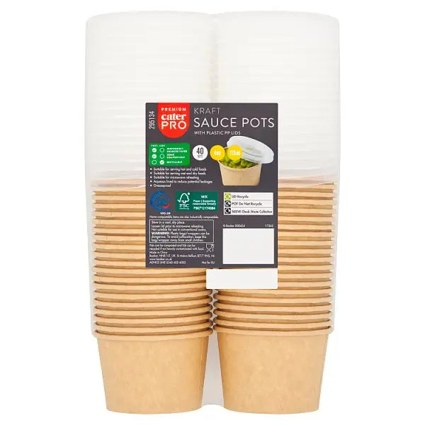 CaterPro 40 Kraft Sauce Pots with Plastic PP Lids 113ml  Adomoo