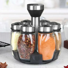 7-Piece Spice Jar Set with Rotating Rack. Glass Seasoning & Salt Shakers Storage  Adomoo