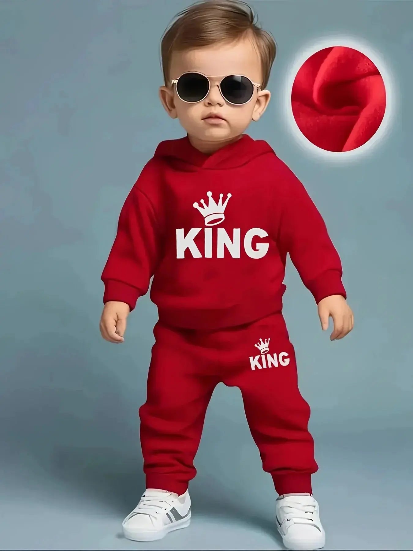 Baby Boy KING Crown Pattern Fleece Hoodie+Casual Pants Two Piece Set Spring and Autumn Sportswear  Adomoo