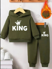 Baby Boy KING Crown Pattern Fleece Hoodie+Casual Pants Two Piece Set Spring and Autumn Sportswear  Adomoo