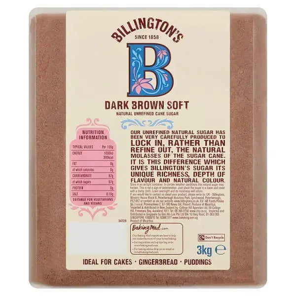 Billington's Dark Brown Soft Natural Unrefined Cane Sugar 3kg Adomoo