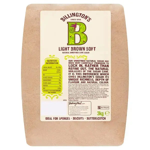 Billington's Light Brown Soft Natural Unrefined Cane Sugar 3kg Adomoo