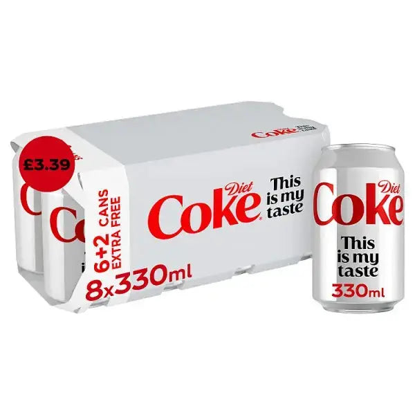 Diet Coke 8 x 330ml Cans (6 + 2 x 330ml Extra Free) (Case of 3)  Adomoo