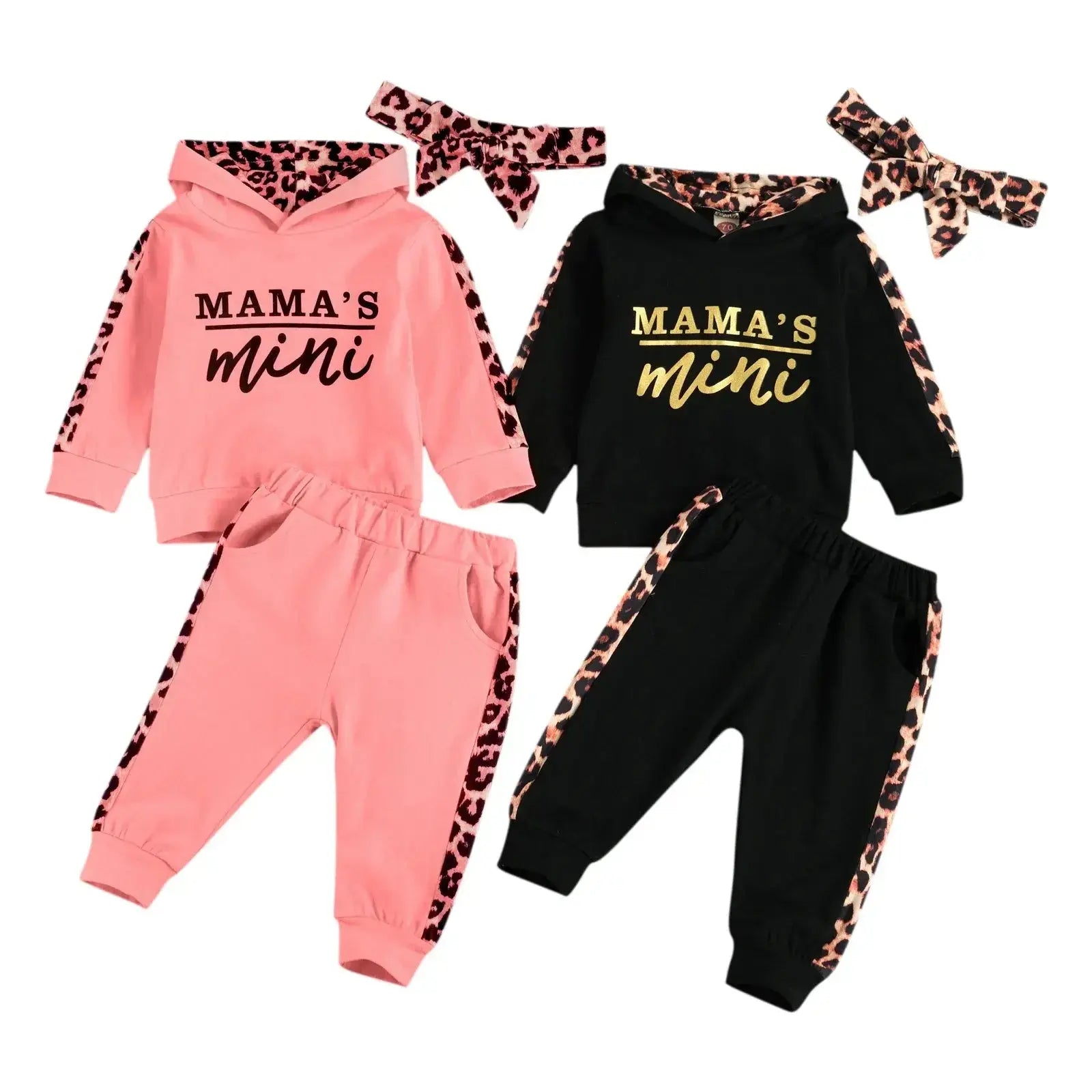 Infant Baby Girl 3-Piece Outfit Set - Hooded T-shirt, Long Pants, and Headband - Letter Print, Leopard Stitching - Spring/Fall Clothes  Adomoo