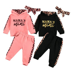 Infant Baby Girl 3-Piece Outfit Set - Hooded T-shirt, Long Pants, and Headband - Letter Print, Leopard Stitching - Spring/Fall Clothes  Adomoo