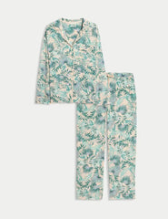 Leaf Print Revere Collar Pyjama Set  Adomoo