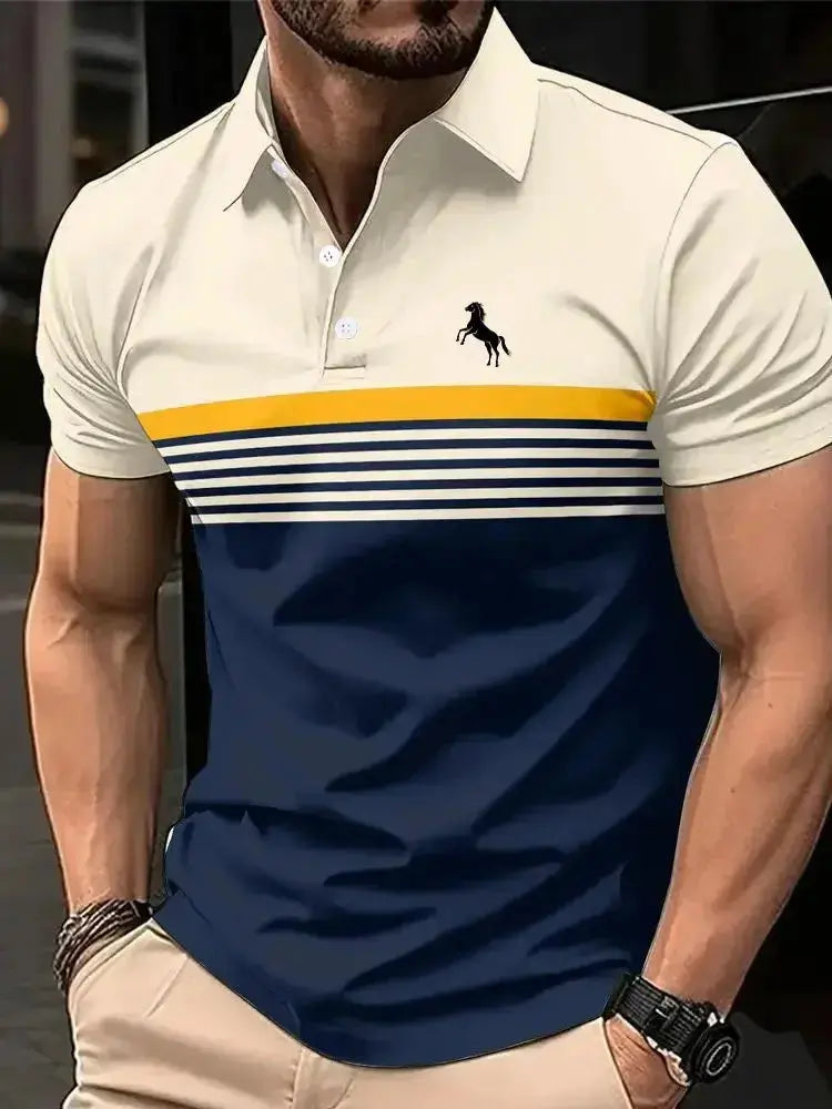 Men's 3D Horse Print Polo Shirt – Short Sleeve Striped Color Block Golf Shirt, Casual Sporty Summer Top  Adomoo