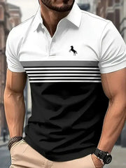 Men's 3D Horse Print Polo Shirt – Short Sleeve Striped Color Block Golf Shirt, Casual Sporty Summer Top  Adomoo