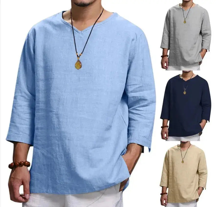 Men's New 3/4 Sleeve Loose Solid Casual Large Pullover Shirt  Adomoo