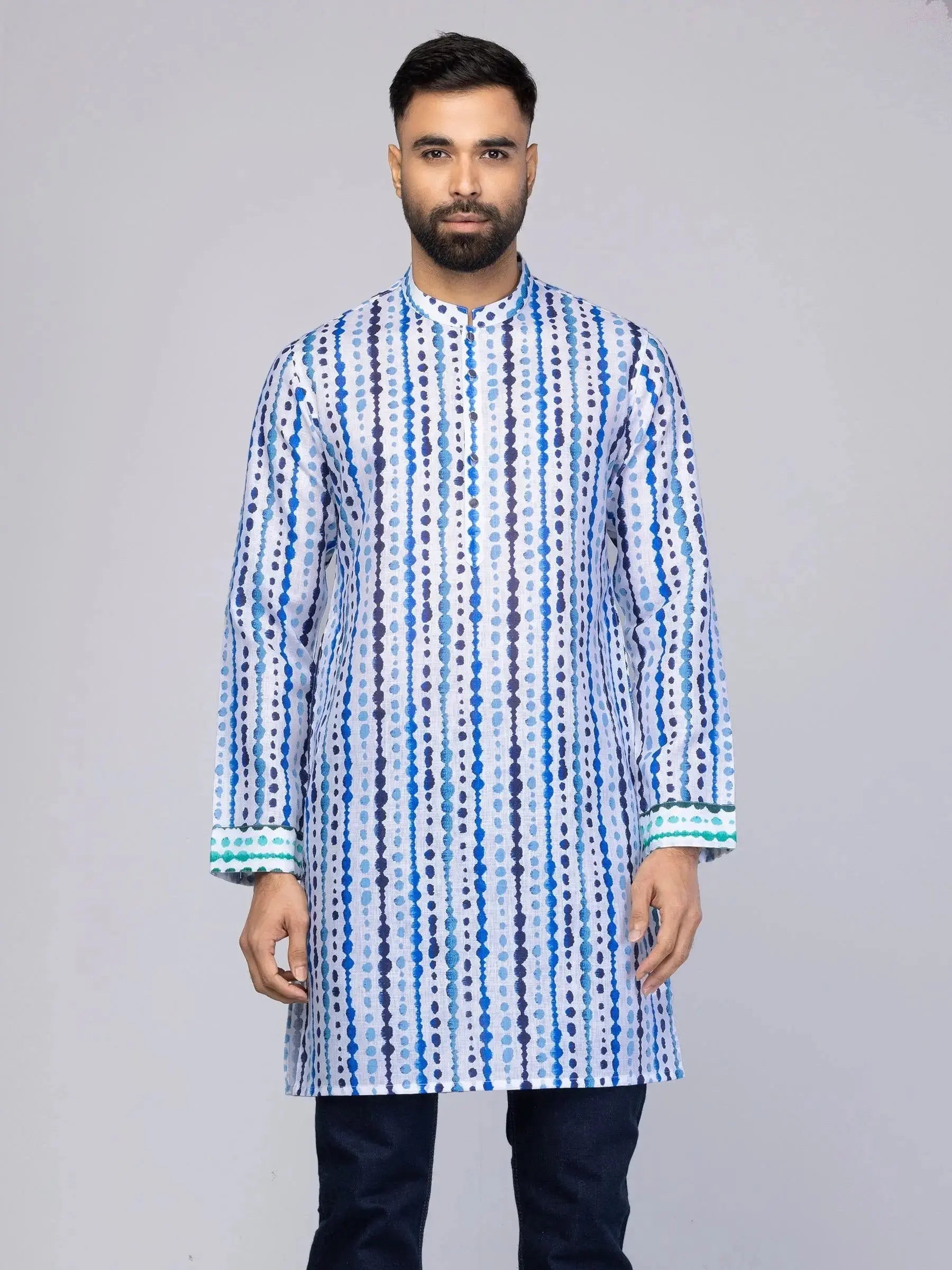 Men's White Printed Mixed Cotton Slim Fit Short Kurta  Adomoo