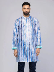 Men's White Printed Mixed Cotton Slim Fit Short Kurta  Adomoo