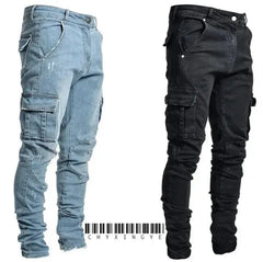 Men's Black Stretch Cargo Jeans – Zipper Pockets, Slim Fit Streetwear  Adomoo