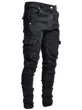 Men's Black Stretch Cargo Jeans – Zipper Pockets, Slim Fit Streetwear Adomoo