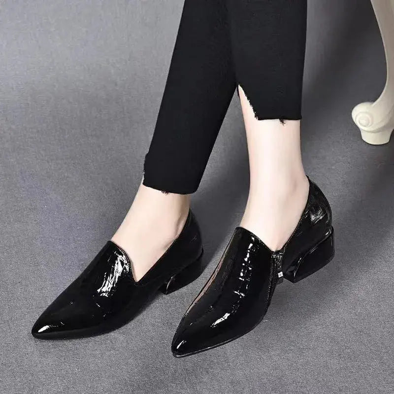 New Genuine Leather Pointed-toe Chunky Heel Shoes Women  Adomoo