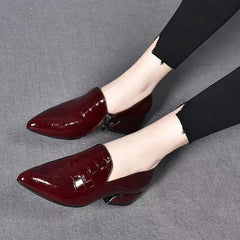 New Genuine Leather Pointed-toe Chunky Heel Shoes Women  Adomoo
