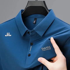 New Men's Casual Short Sleeved Shirt with Badge Solid Color Polo Shirt Versatile Top  Adomoo