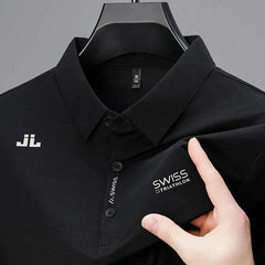 New Men's Casual Short Sleeved Shirt with Badge Solid Color Polo Shirt Versatile Top  Adomoo