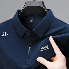 New Men's Casual Short Sleeved Shirt with Badge Solid Color Polo Shirt Versatile Top  Adomoo