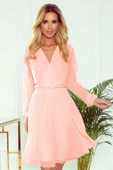 Numoco Pleated chiffon dress with neckline and long sleeves Adomoo