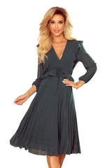 Numoco chiffon dress with pleats and ruffles  Adomoo