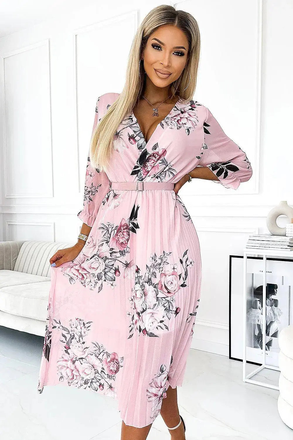 Numoco chiffon pleated midi cocktail dress with neckline and belt  Adomoo