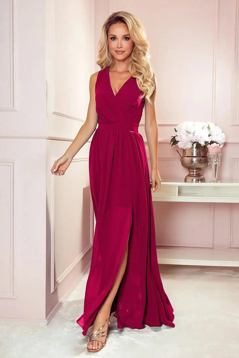 Numoco justine maxi long gown with neckline, leg slit and back tie  Adomoo