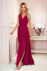 Numoco justine maxi long gown with neckline, leg slit and back tie  Adomoo