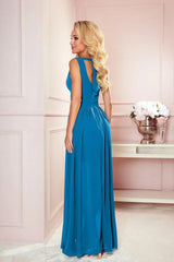 Numoco justine maxi long gown with neckline, leg slit and back tie  Adomoo