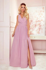 Numoco justine maxi long gown with neckline, leg slit and back tie  Adomoo