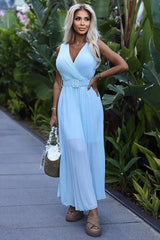 Numoco pleated chiffon cocktail dress with a neckline and a wide belt  Adomoo