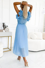 Numoco pleated cocktail dress with envelope neckline, belt and fine ruffles  Adomoo
