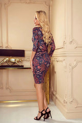 Numoco sporty daydress with 3/4 sleeves and pockets, orange leaf pattern on denim  Adomoo