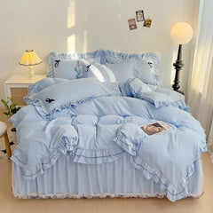 Mesh Lace Bow Bed Skirt Double-bed Four-piece Suit  Adomoo