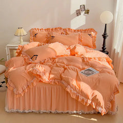 Mesh Lace Bow Bed Skirt Double-bed Four-piece Suit  Adomoo