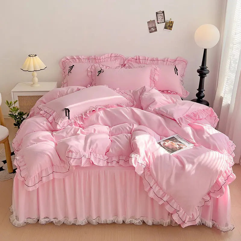 Mesh Lace Bow Bed Skirt Double-bed Four-piece Suit  Adomoo