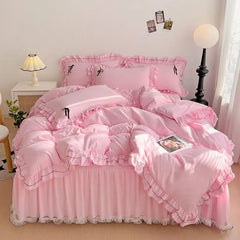 Mesh Lace Bow Bed Skirt Double-bed Four-piece Suit  Adomoo