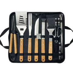 Outdoor BBQ Tool Set – Stainless Steel Grill Accessories with Wooden Handle Fork, Shovel, Clip & Cloth Bag for Camping Barbecue  Adomoo
