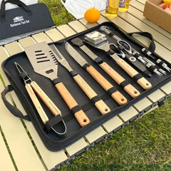 Outdoor BBQ Tool Set – Stainless Steel Grill Accessories with Wooden Handle Fork, Shovel, Clip & Cloth Bag for Camping Barbecue  Adomoo