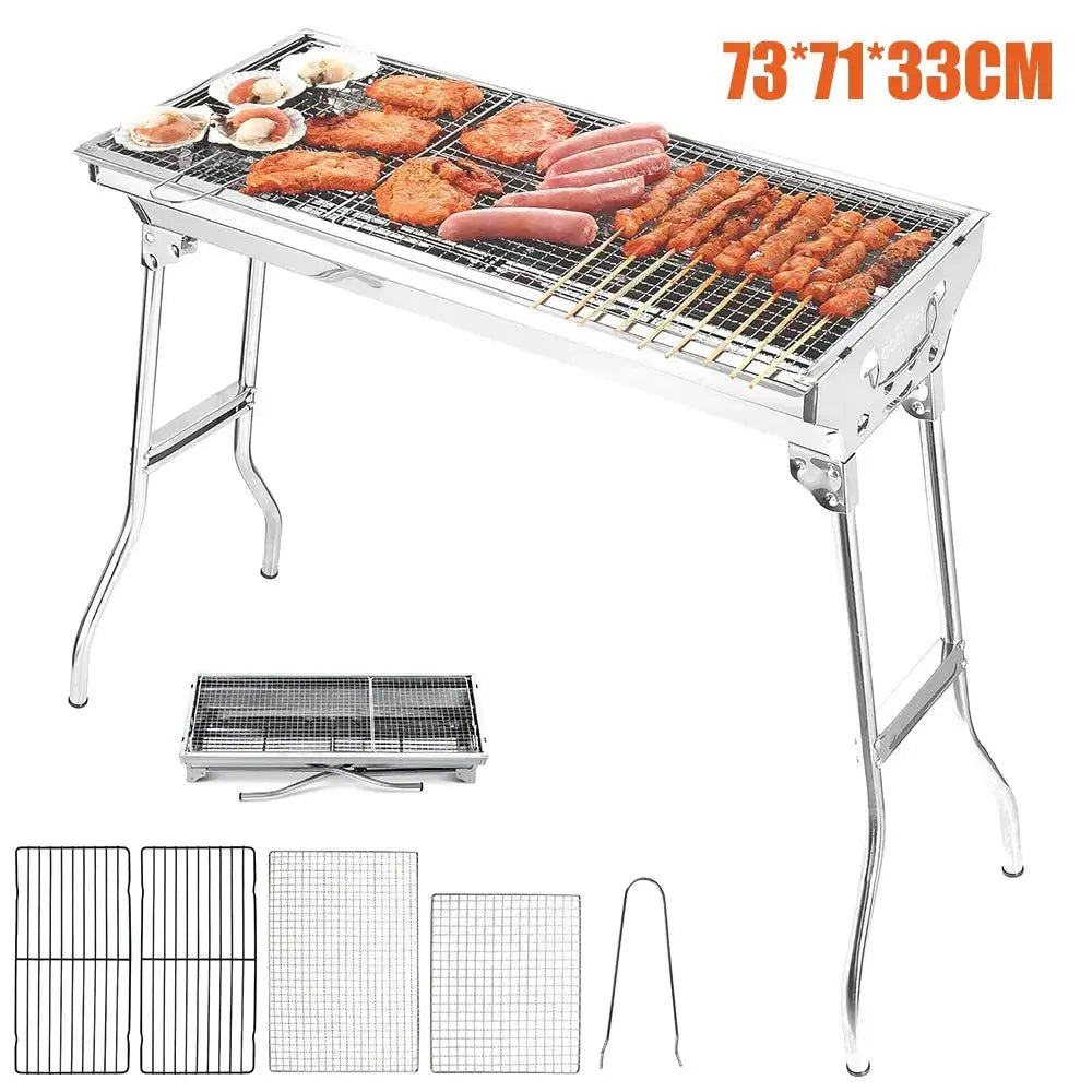 Portable Folding BBQ Grill – Large Stainless Steel Barbecue Stove Holder for Outdoor Cooking & Camping  Adomoo