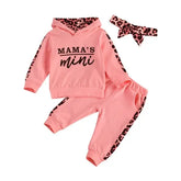 Infant Baby Girl 3-Piece Outfit Set - Hooded T-shirt, Long Pants, and Headband - Letter Print, Leopard Stitching - Spring/Fall Clothes  Adomoo