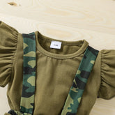 Baby Girls 3-Piece Camo Outfit Set with Sleeveless Romper, Suspender Shorts, and Bow Headband  Adomoo