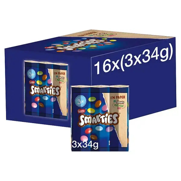 Smarties Milk Chocolate Tube 3 Pack Multipack 102g (Case of 16)  Adomoo