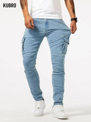 Men's Elastic Denim Cargo Pants – Multi-Pocket Slim Fit Joggers  Adomoo