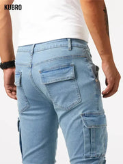 Men's Elastic Denim Cargo Pants – Multi-Pocket Slim Fit Joggers  Adomoo