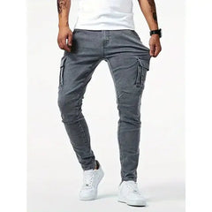 Men's Elastic Denim Cargo Pants – Multi-Pocket Slim Fit Joggers  Adomoo