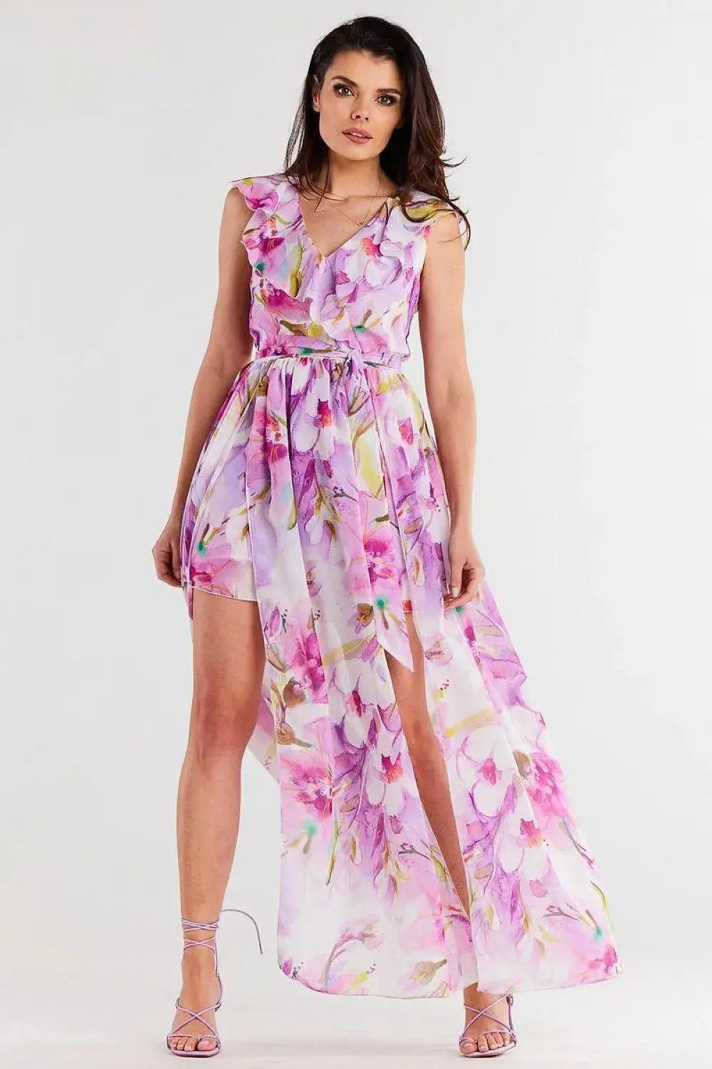 awama daydress made of chiffon on elastic lining, tied with a belt at the waist  Adomoo