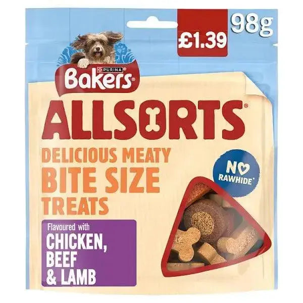 Bakers Allsorts Delicious Meaty Bite Size Treats Flavoured with Chicken, Beef & Lamb 98g (Case of 6)  Adomoo